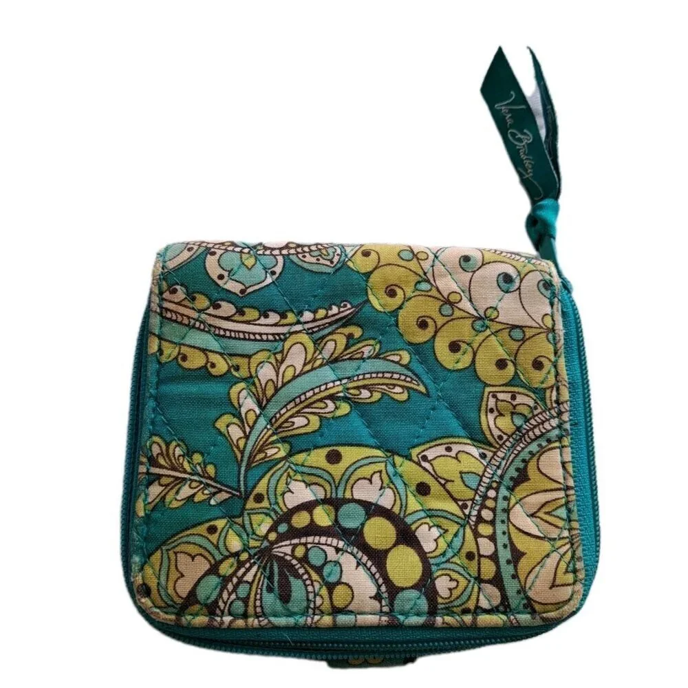 Vera Bradley Small Turquoise Paisley Folding Snap Close Wallet Some Fading